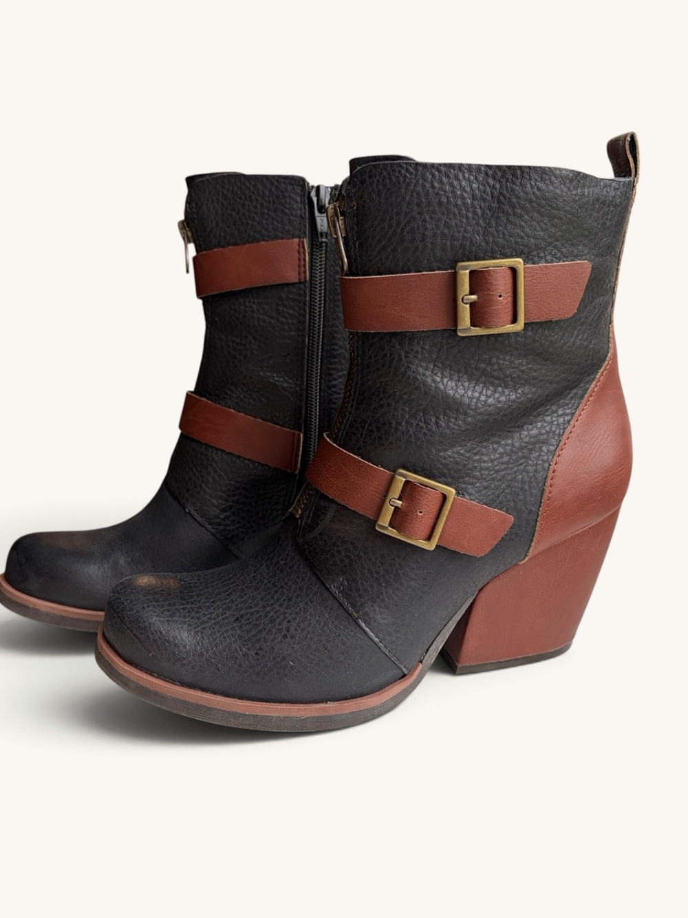 Kork-Ease Black and Brown Leather Buckle Ankle Boots
